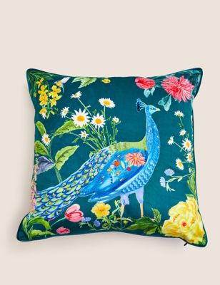 Velvet Peacock Embroidered Cushion