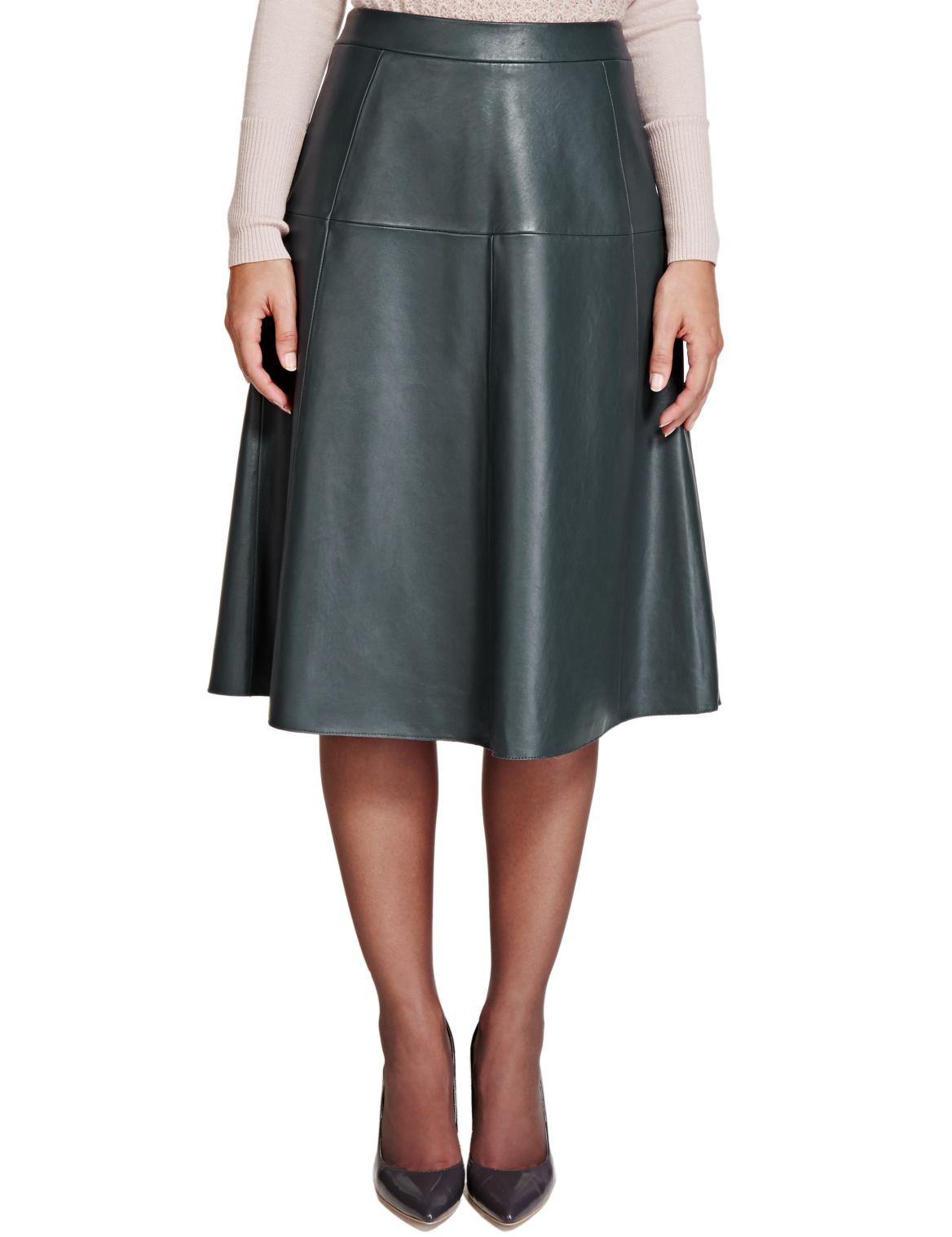 Speziale Leather Panelled A-line Skirt Bottle Green | Tanoodle