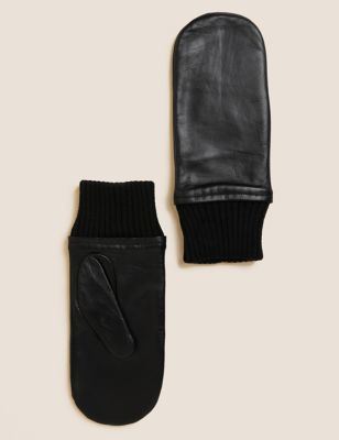 Leather Knitted Cuff Touchscreen Mittens