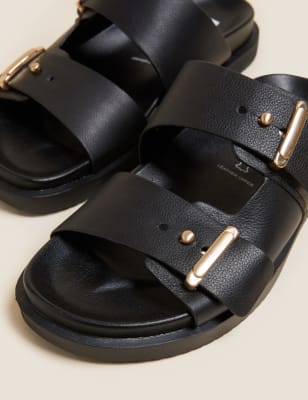 black leather slip on sandals womens