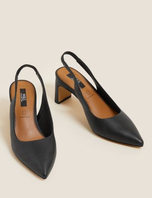 Leather Block Heel Pointed Slingback Shoes