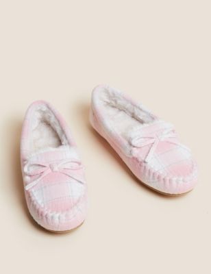 Checked Faux Fur Lined Moccasin Slippers