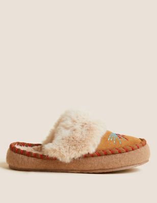 Faux Fur Embroidered Mule Slippers