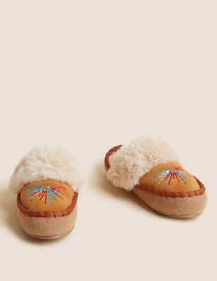 Faux Fur Embroidered Mule Slippers