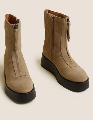 Suede Front Zip Chunky Flatform Ankle Boots
