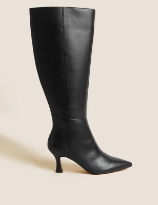 Leather Kitten Heel Pointed Knee High Boots