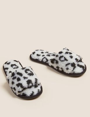 Borg Leopard Print Open Toe Mule Slippers