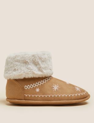 Embroidered Faux Fur Cuff Slipper Boots