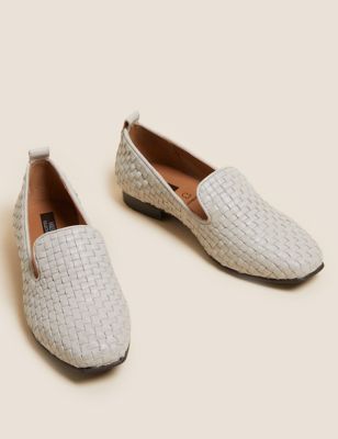 Leather Woven Square Toe Loafers