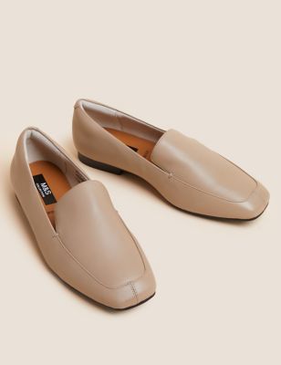 Wide Fit Leather Square Toe Flat Loafers