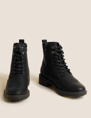 Lace Up Brogue Detail Flat Ankle Boots