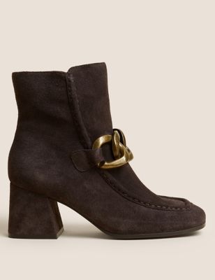 Suede Block Heel Square Toe Ankle Boots