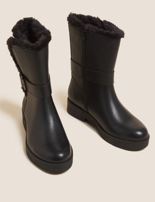 Wide Fit Leather Faux Fur Trim Ankle Boots