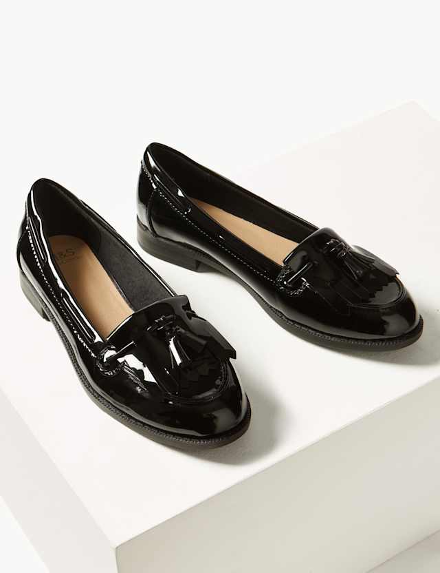 ladies black patent loafers