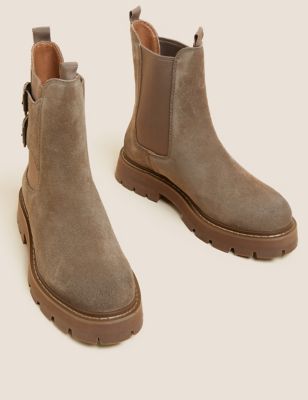 Suede Chelsea Buckle Flatform Ankle Boots