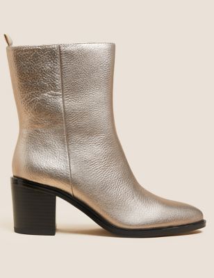Leather Western Block Heel Ankle Boots