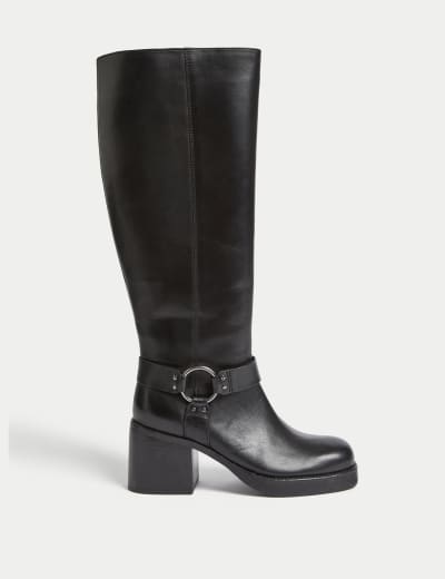 Leather Buckle Block Heel Knee High Boots Dune London M S