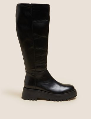 Leather Chunky Flat Knee High Boots