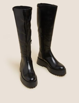 Leather Chunky Flat Knee High Boots