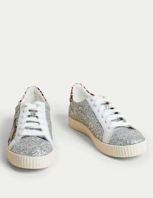 Leather Lace Up Glitter Star Trainers