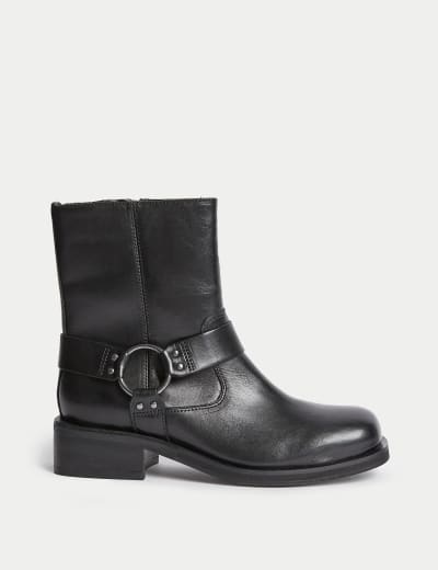 Biker Buckle Flat Round Toe Ankle Boots M S Collection M S