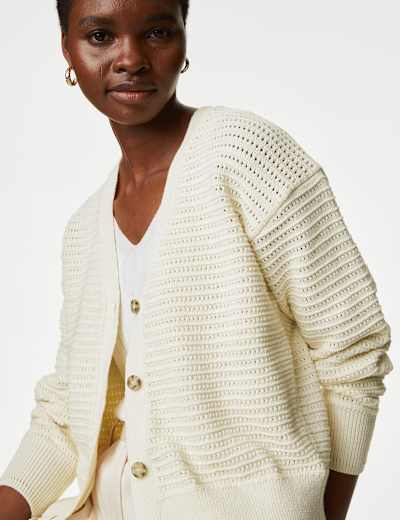 Cotton Rich Edge to Edge Pointelle Cardigan | Per Una | Mu0026S
