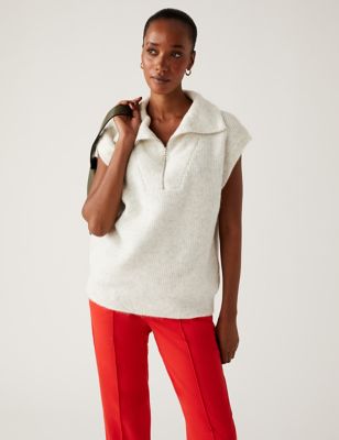 Ribbed Funnel Neck Relaxed Knitted Vest