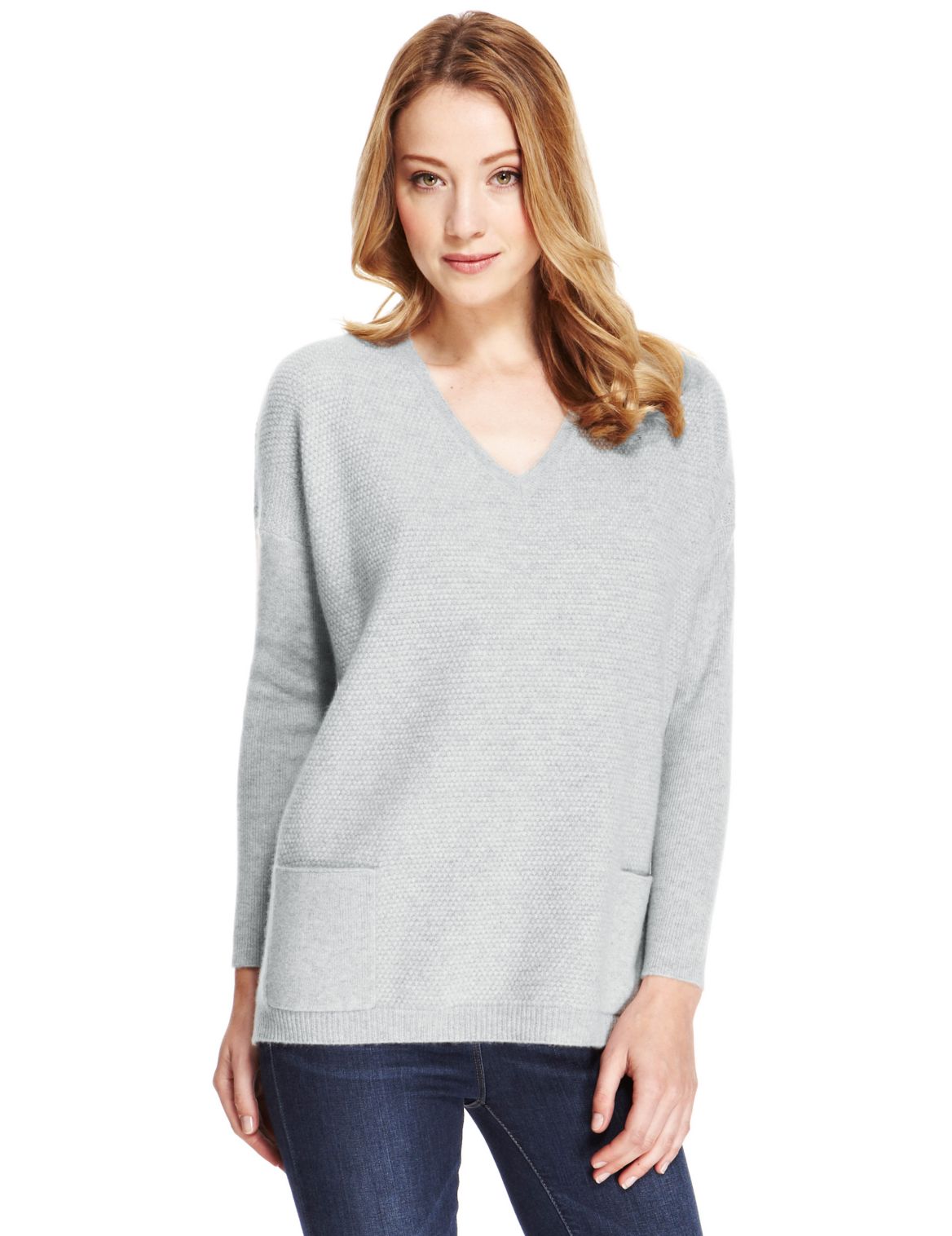 Pure Cashmere Tuck Stitched Boxy Jumper Silver Grey | Tanoodle