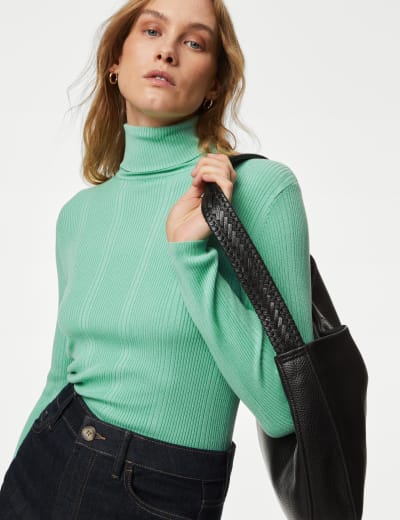 Cotton Rich Roll Neck Ribbed Top M S Collection M S