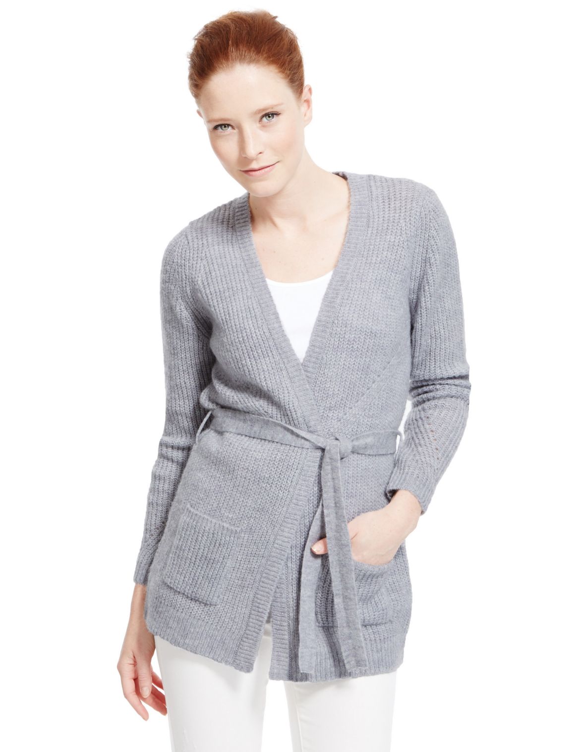 Open Front Belted Cardigan With Mohair Pewter | Quilium