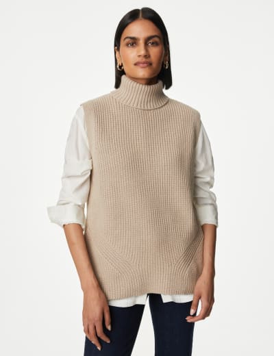 Pure Cotton Ribbed Funnel Neck Knitted Vest French Connection M S