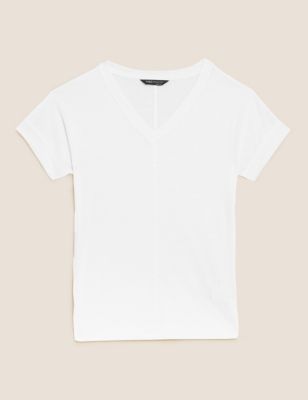 V-Neck Short Sleeve T-Shirt with Linen