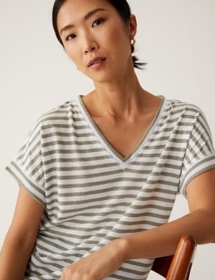 Marks & Spencer Womens Striped Cotton Tops New M&S Short Sleeve Soft T-Shirt Tee 