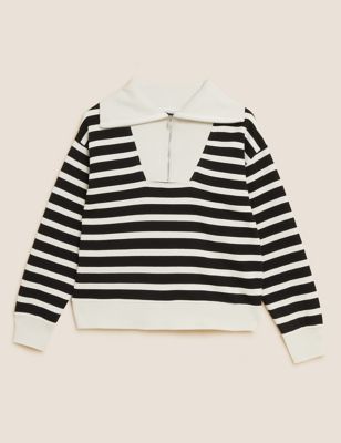 Cotton Rich Striped Collared Sweatshirt
