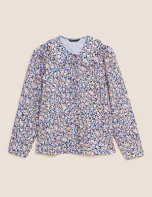 Cotton Rich Ditsy Floral Long Sleeve Blouse