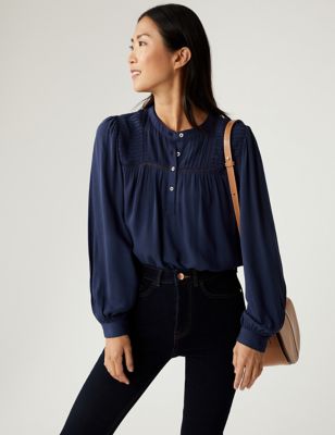 Pleated Round Neck Long Sleeve Blouse