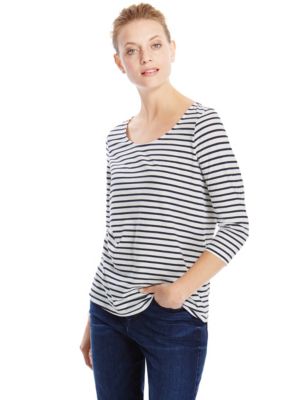 Pure Cotton 3/4 Sleeve Striped Rear Lace Top | M&S