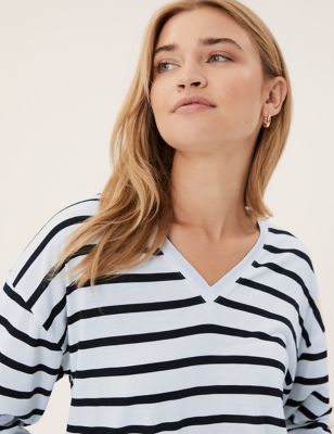 Striped V-Neck Relaxed Long Sleeve Top