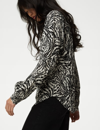 Snakeskin Print Collared Long Sleeve Blouse M S Collection M S
