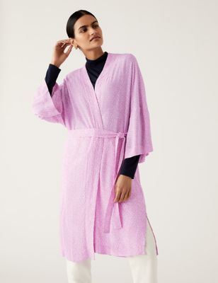Printed V-Neck Long Sleeve Kimono Top
