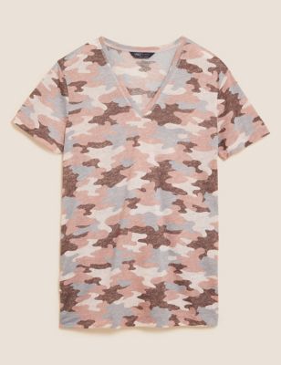 Printed V-Neck Relaxed Longline T-Shirt