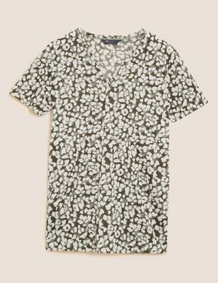 Printed V-Neck Relaxed Longline T-Shirt