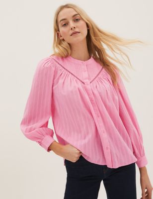 Pure Cotton Collarless Long Sleeve Blouse