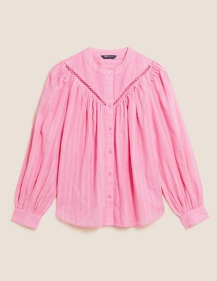 Pure Cotton Collarless Long Sleeve Blouse