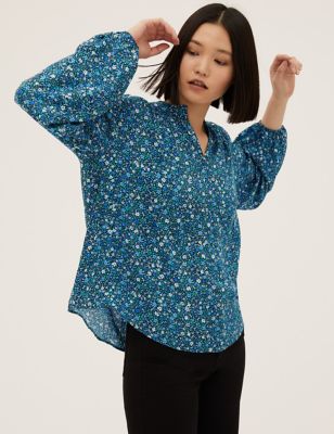 Printed Long Sleeve Popover Blouse