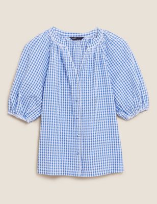 Pure Cotton Gingham Puff Sleeve Longline Blouse