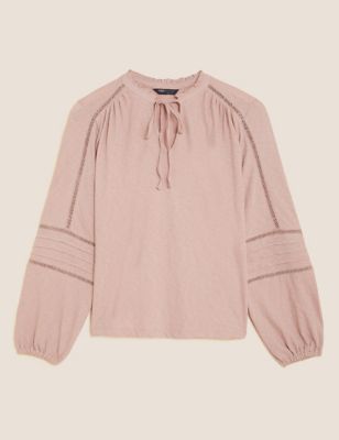 Pure Cotton Embroidered Tie Neck Top