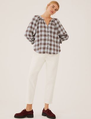 Pure Cotton Checked 3/4 Sleeve Blouse