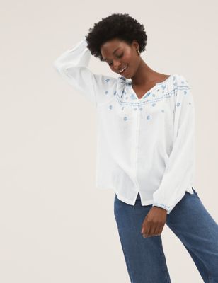 Pure Cotton Embroidered Long Sleeve Blouse