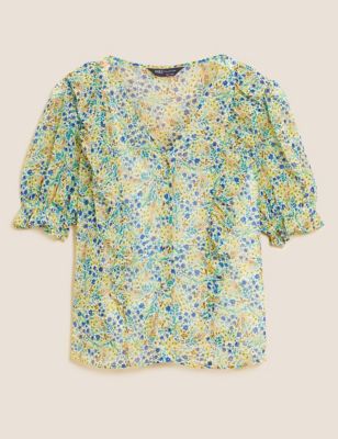 Floral V-Neck Ruffle Puff Sleeve Blouse